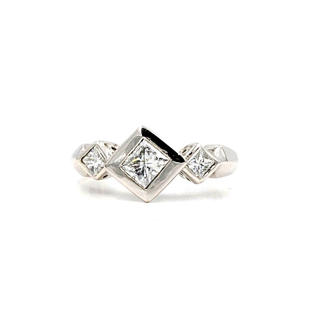 custom three stone princess cut diamond engagement ring bezel set palladium 0.92 ctw