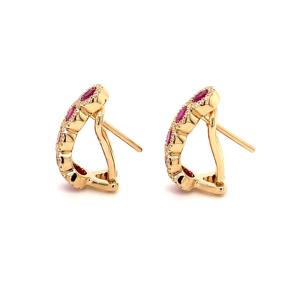 gem quality ruby and diamonds "j" hoop clip & post ruby earrings in 14 kt yellow gold.