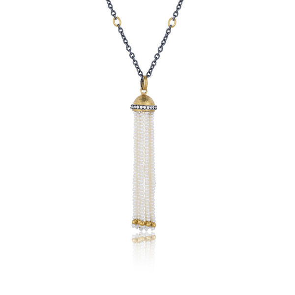 lika behar domus diamond tassel adjustable necklace .26 ctw 24k gold dome and oxidized silver