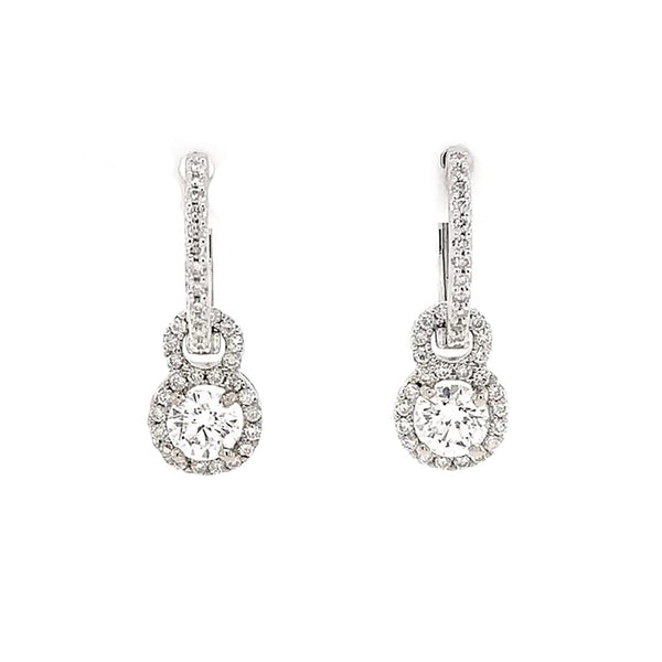 diamond drop halo earrings on huggie 18k white gold 1.60 cts. t.w.