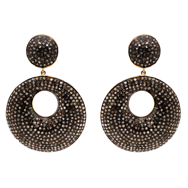 champagne colored diamond paved drop doorknocker earrings in oxidized silver and gold vermeil accents.