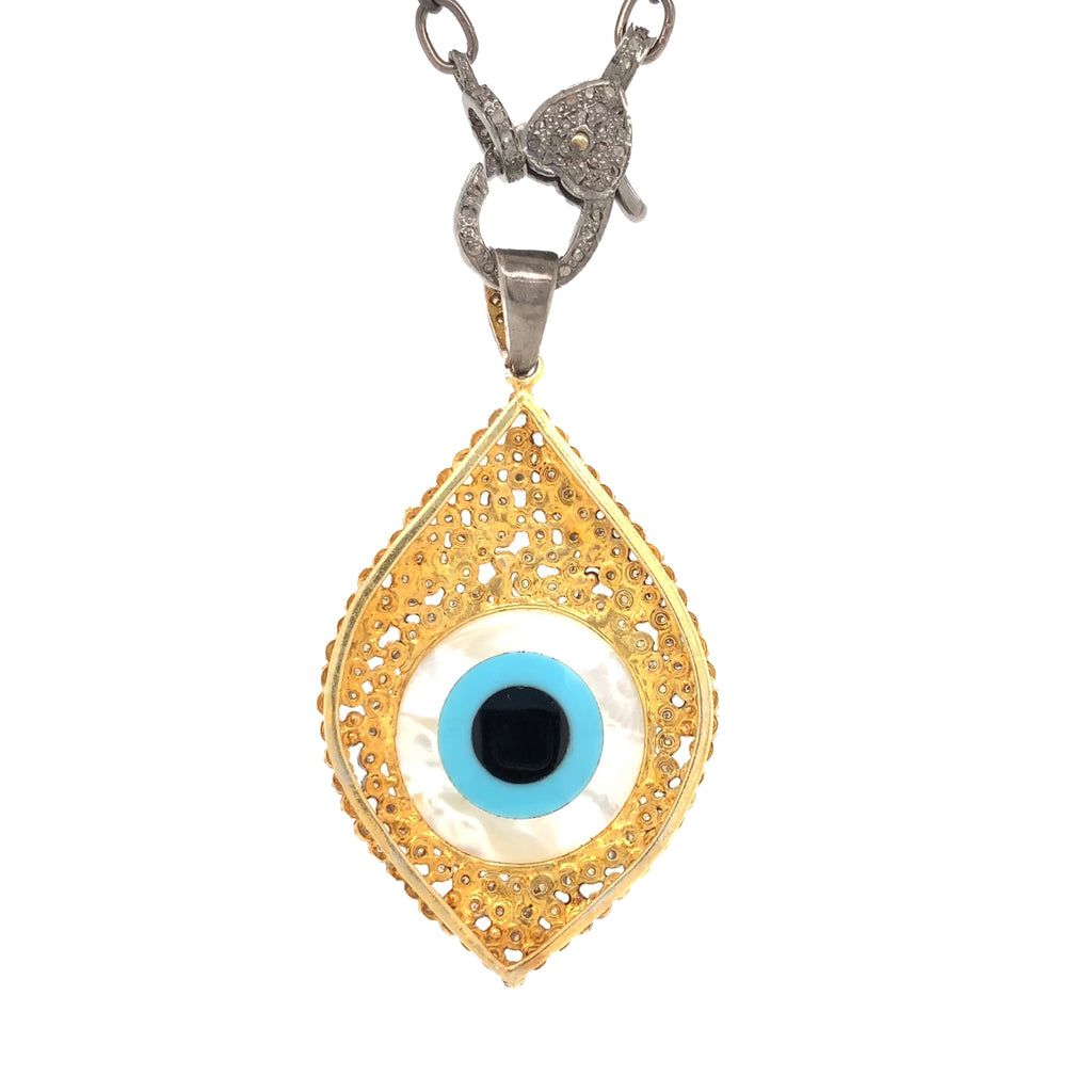 large evil eye pendant mother of pearl and turquoise and onyx and diamond in sterling silver.