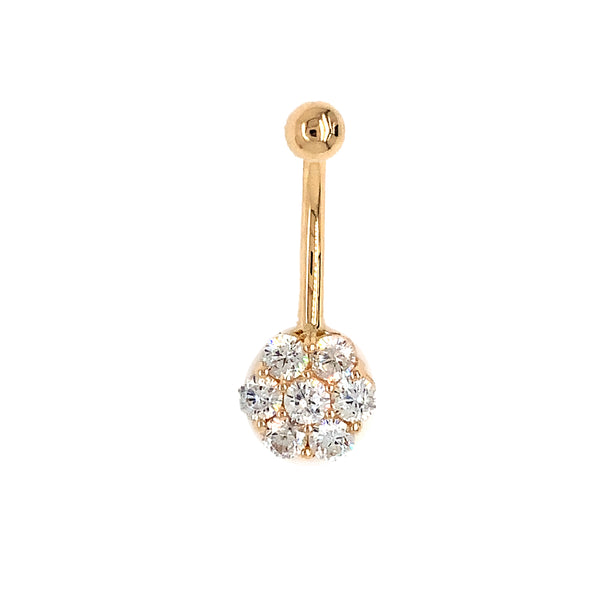 belly button ring in 14 kt yellow gold seven stone cubic zirconia cluster barbell piercing