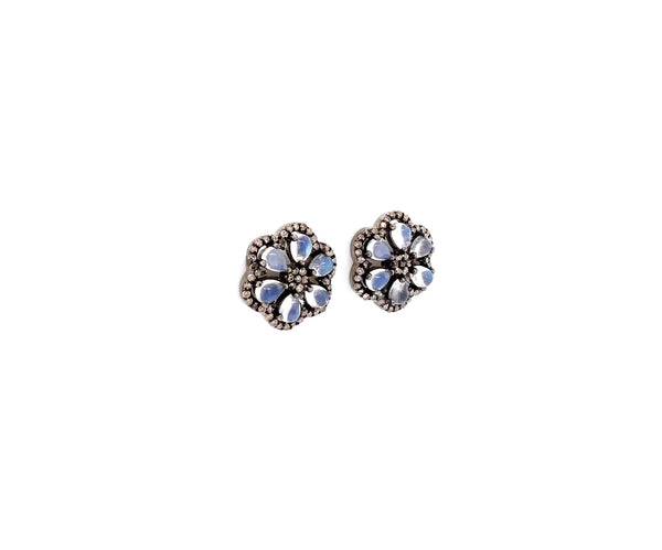 moonstone and diamond flower design earring in oxidized sterling silver.