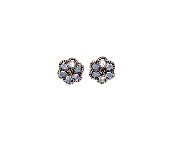 moonstone and diamond flower design earring in oxidized sterling silver.