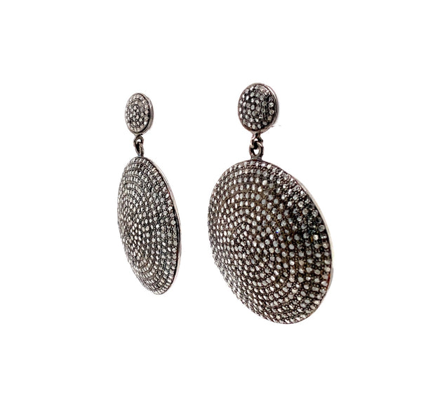 black diamond paved large round drop earrings in oxidized sterling silver 9 carats t.w.