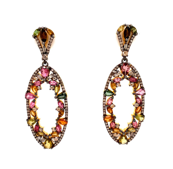 multi colored tourmaline and diamond oval shaped drop earrings in oxidized sterling silver