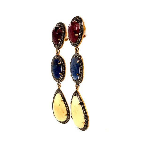 sterling silver gold vermeil multi-color sliced sapphire and diamond drop long earring