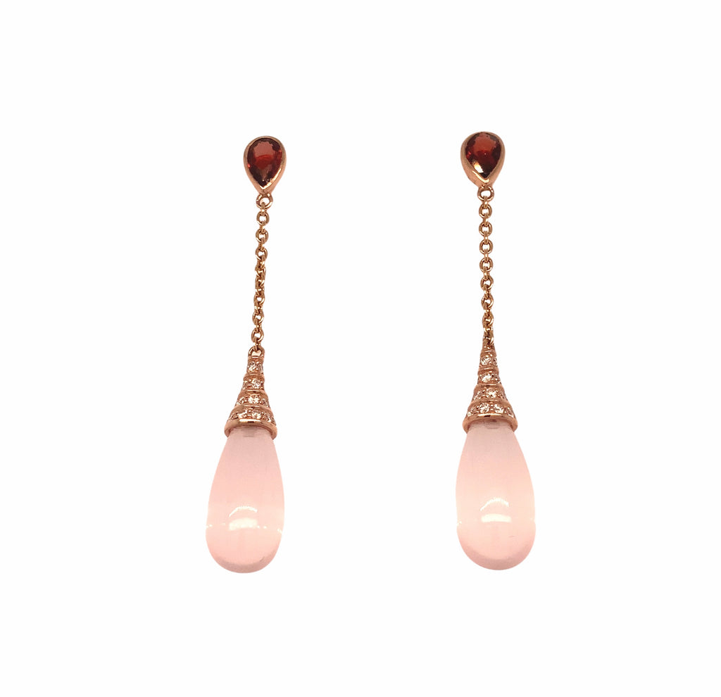 deco inspired cabochon briolette rose quartz, garnet and paved diamond elegant drop earrings in 14k rose gold