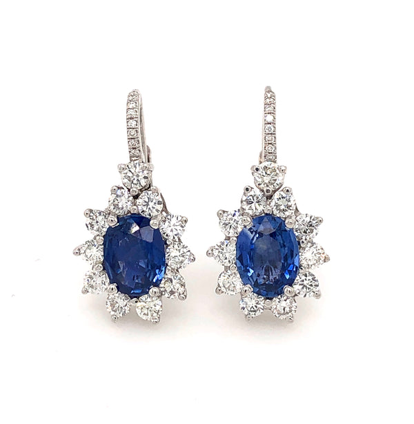 blue sapphire & diamond cluster lever back drop earring 14 kt white gold