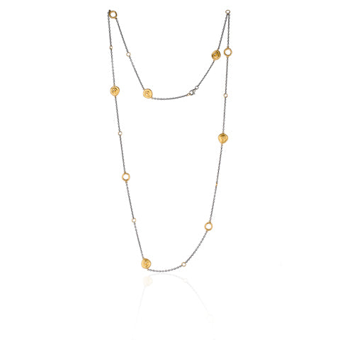 lika behar roundabout necklace with rondettes and diamonds  24k gold and oxidized silver
