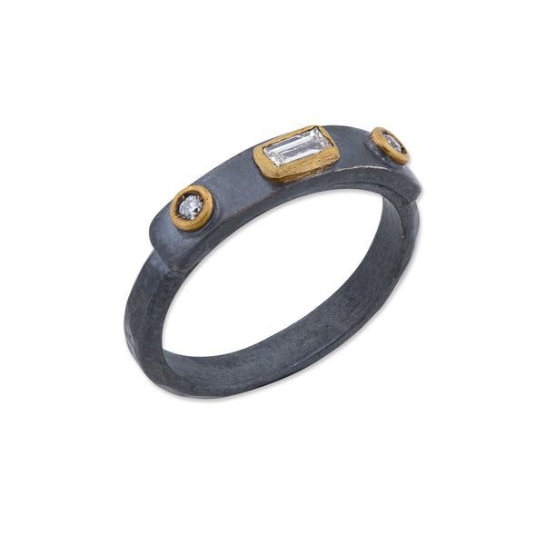 Lika Behar Collection Stockholm Ring 2 Round Brilliant Diamonds with Baguette Center Oxidized Sterling Silver and 24K Gold | Blacy's Fine Jewelers