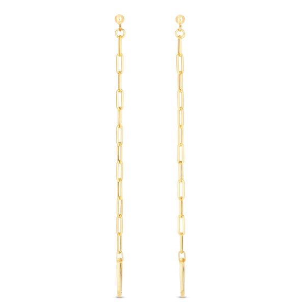 royal chain 14k yellow gold paperclip shoulder duster drop earrings. total drop length measures approximately 114mm.