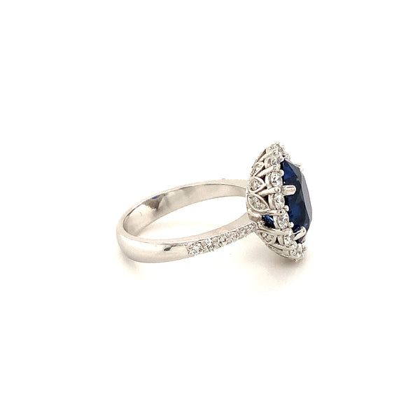 blue sapphire and diamond ring custom made in 14 kt white gold. 3.58 cts