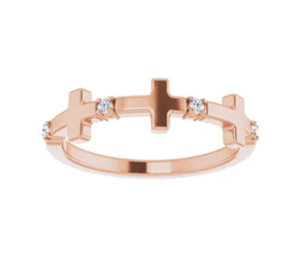 stackable sideways diamond cross band in 14 kt rose gold