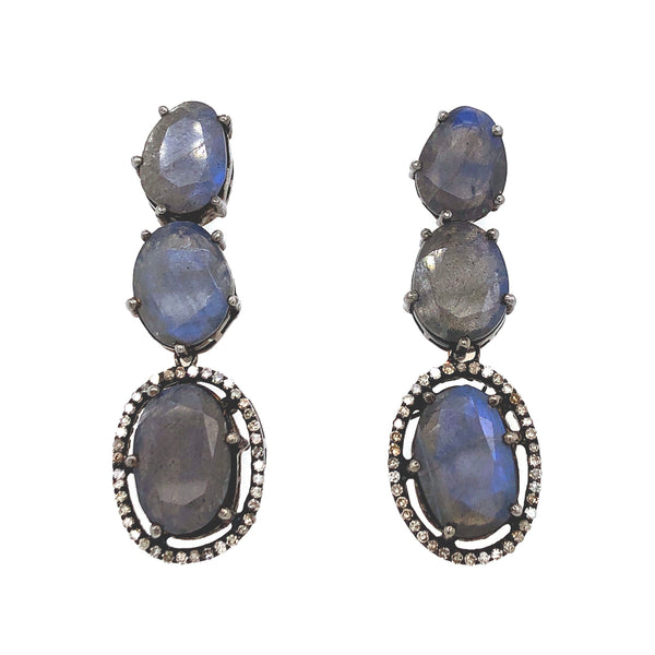 labradorite and diamond halo drop earrings oxidized sterling silver