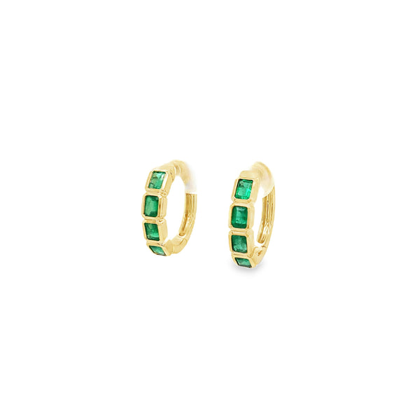 David Kord Bezel Set Emerald Cut Gem Quality Emerald Small Hoops Earring Set in