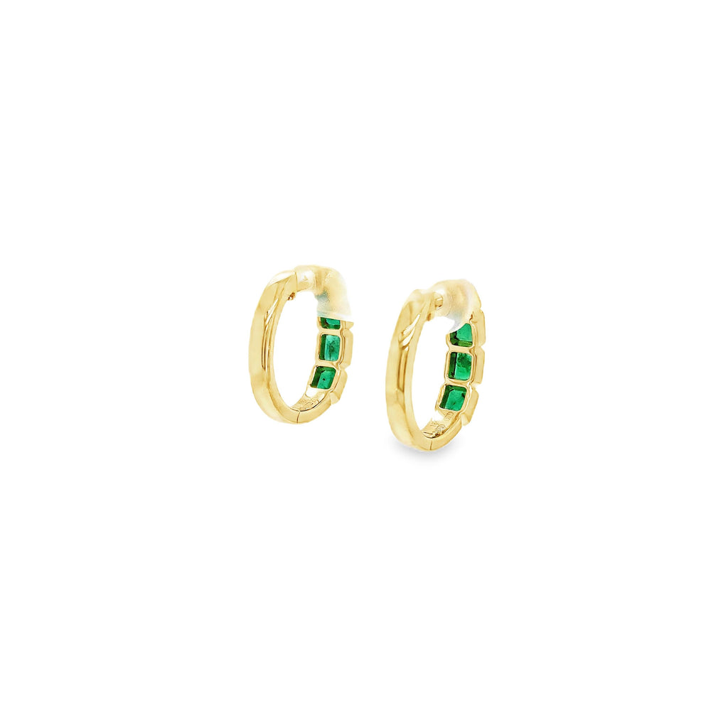 David Kord Bezel Set Emerald Cut Gem Quality Emerald Small Hoops Earring Set in