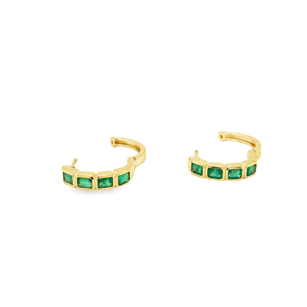 David Kord Bezel Set Emerald Cut Gem Quality Emerald Small Hoops Earring Set in