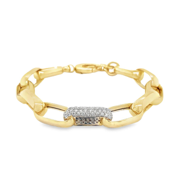 Paperclip Chain Link With Pave Diamond Set in 14 kt Yellow Gold Bracelet