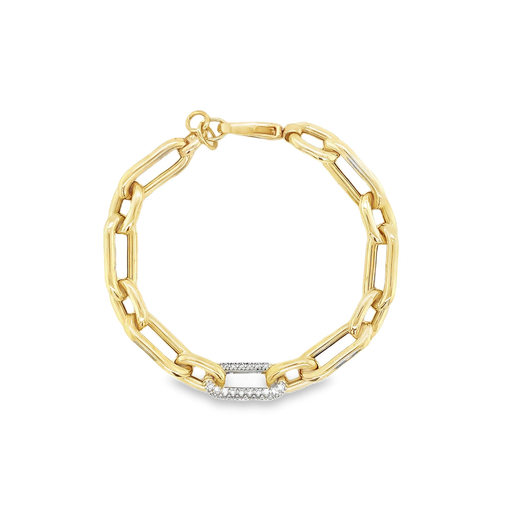 Paperclip Chain Link With Pave Diamond Set in 14 kt Yellow Gold Bracelet