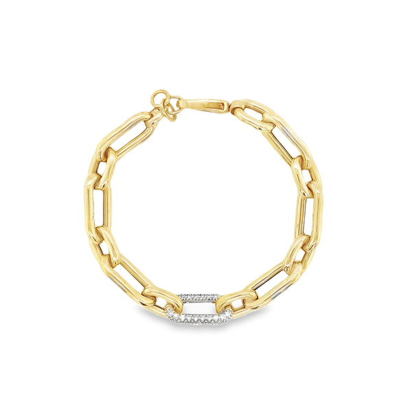 Paperclip Chain Link With Pave Diamond Set in 14 kt Yellow Gold Bracelet