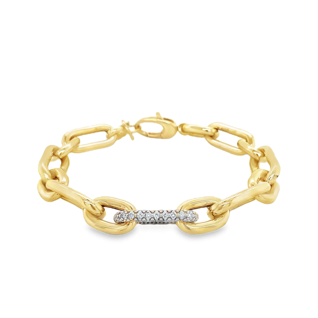 Paperclip Chain Link With Pave Diamond Set in 14 kt Yellow Gold Bracelet