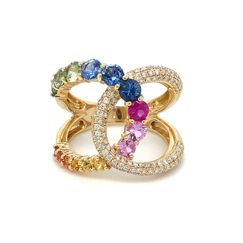 Roman+Jules Multicolor Rainbow Sapphire and Pave Diamond Ring set