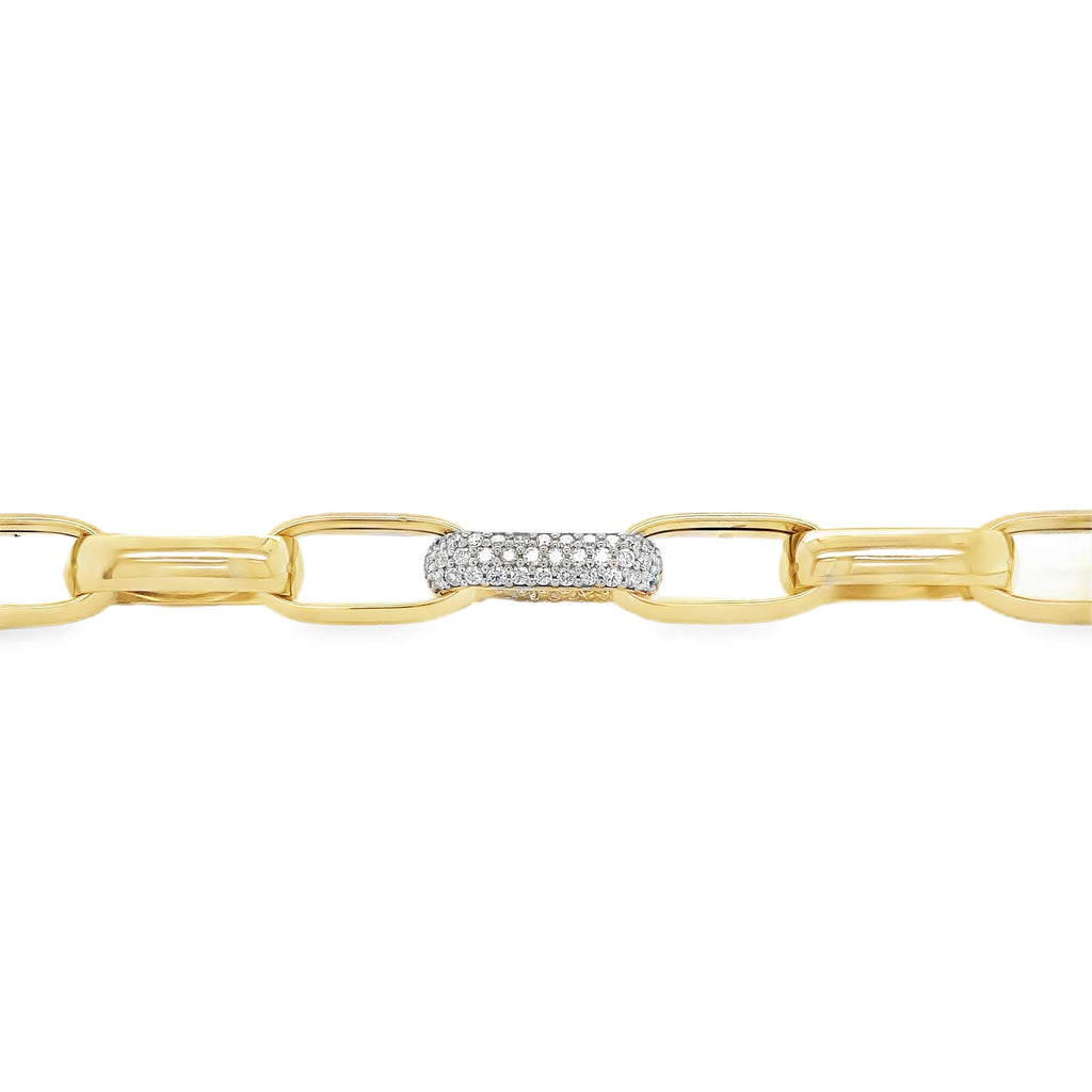 Paperclip Chain Link With Pave Diamond Set in 14 kt Yellow Gold Bracelet