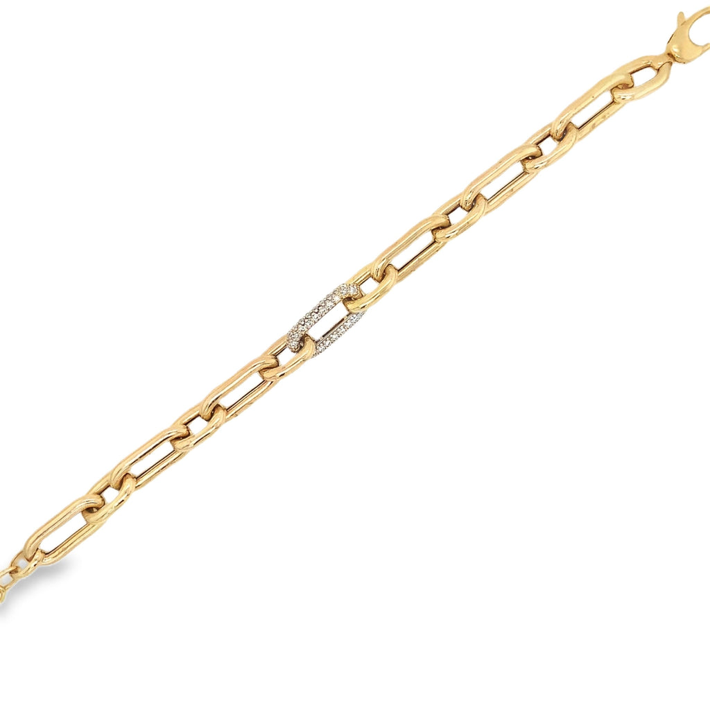 Paperclip Chain Link With Pave Diamond Set in 14 kt Yellow Gold Bracelet