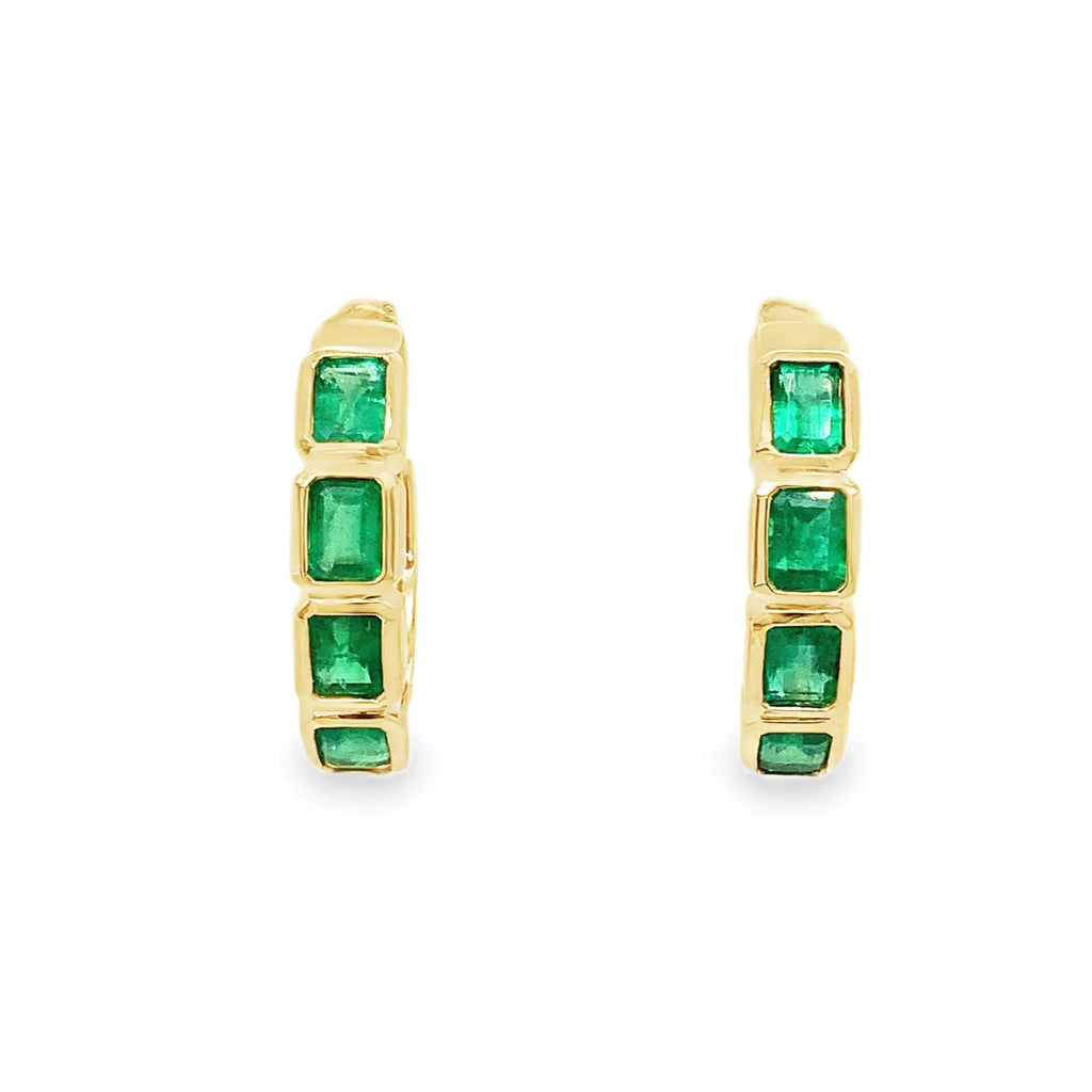 David Kord Bezel Set Emerald Cut Gem Quality Emerald Small Hoops Earring Set in