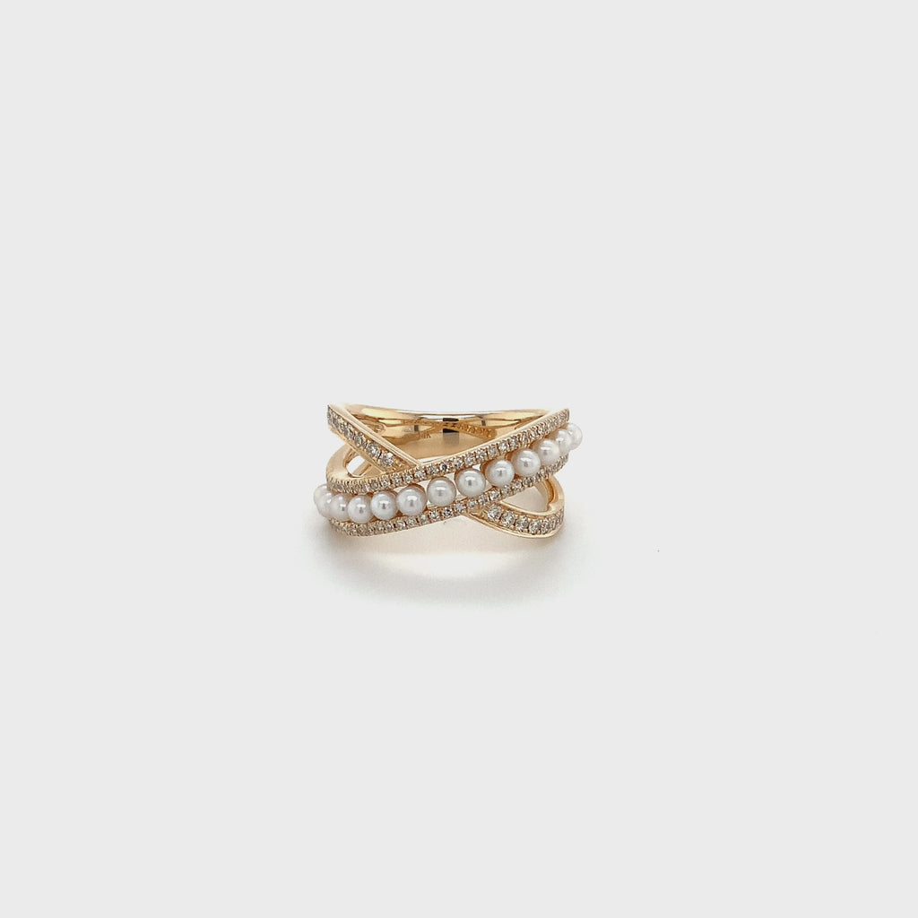 Roman+Jules Bypass Pearl and Diamond Ring set in 14K Yellow Gold