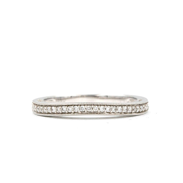 subtle wave raised filigree wedding band round brilliant cut diamonds 14k white gold