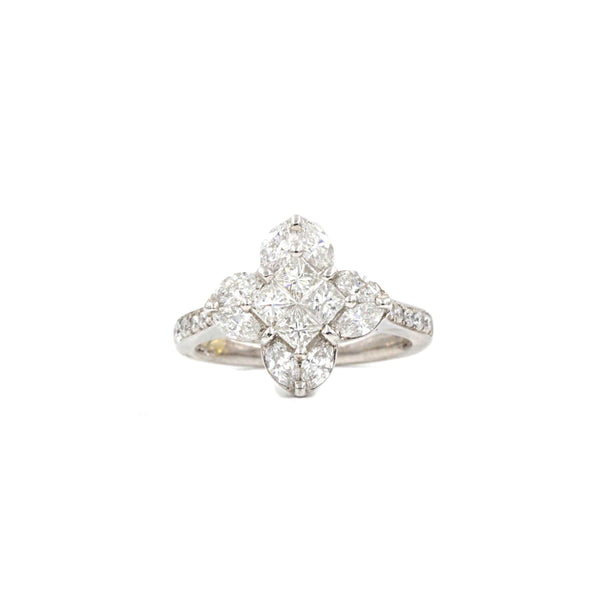 lv four pointed star diamond ring 4 princess cut diamonds invisibly set, marquise cut & round brilliant cut diamonds 18k white gold