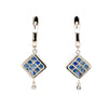 ceylon blue sapphire princess cut invisibly set and diamond drop lever back earrings set in 14 kt white gold