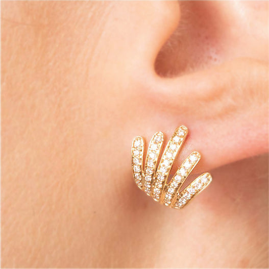 gold crown diamond paved earrings cuff 14k yellow gold