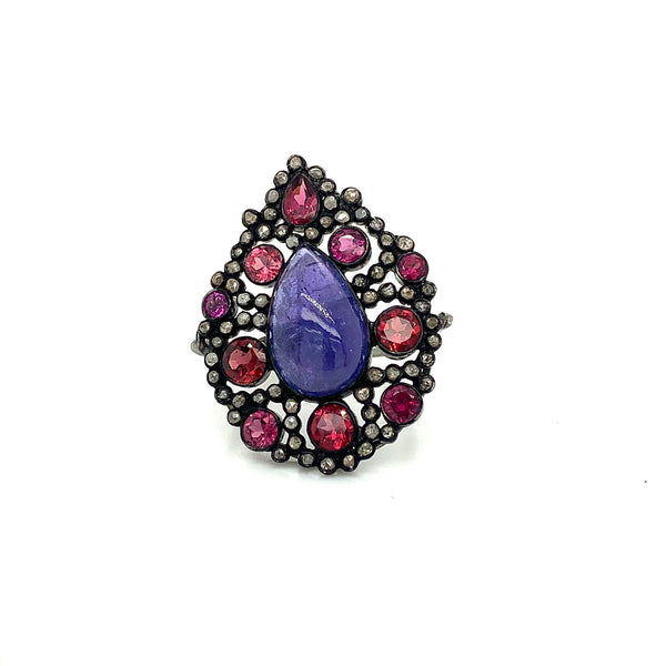 pear-shaped tanzanite with pink tourmaline, diamonds, and oxidized sterling silver fashion ring