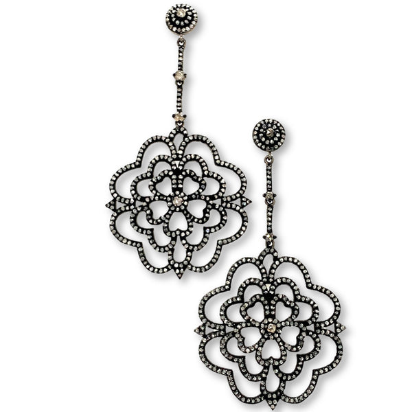 silver diamond encrusted heart shaped floral drop earrings on post oxidized silver