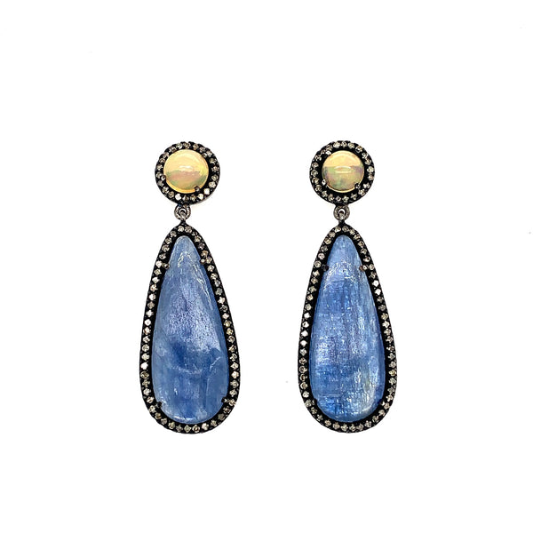 oxidized sterling silver, opal and kyanite and diamond earrings