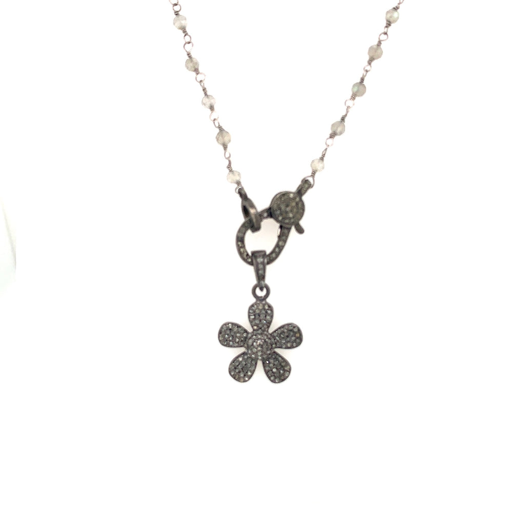 oxidized sterling silver flower necklace, with gray diamond clasp and silver labradorite necklace