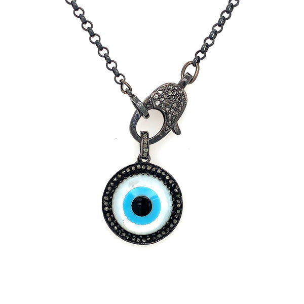 evil eye mother of pearl eye pendant with clasp blackened silver with diamonds