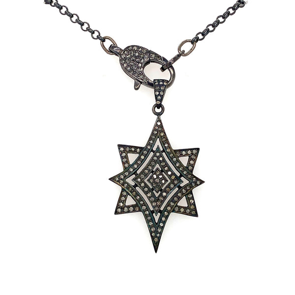 oxidized sterling silver and black diamond star necklace with 18in chain and diamond clasp
