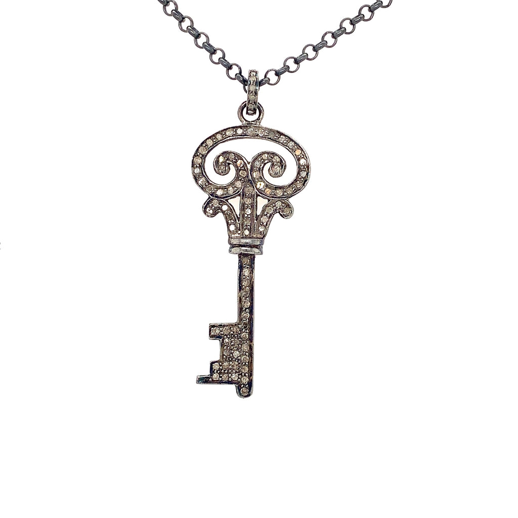 diamond key pendant oxidized sterling silver with 18 inch long chain