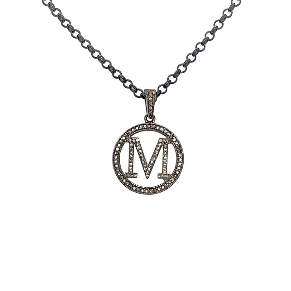 m initial sterling silver and diamonds charm pendant 16 inch blackened silver chain
