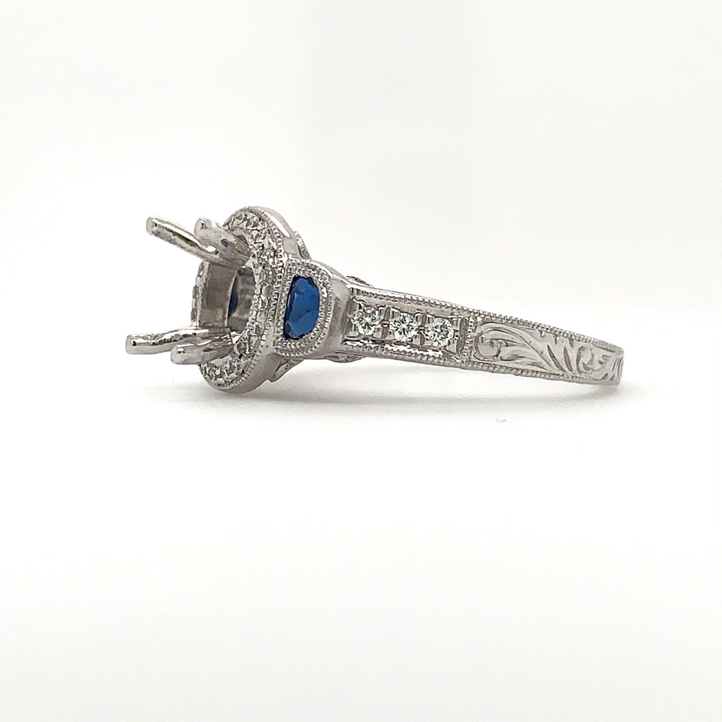 round brilliant cut diamond & blue sapphire semi mounting 14k white gold