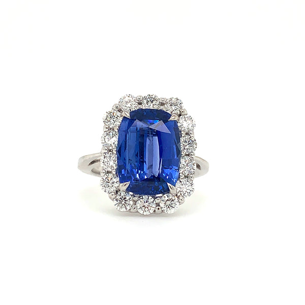 blue sapphire and diamond ring 5.30ct cornflower blue with diamond halo 1.13 ctw