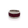 roman + jules pavé ruby and diamond five row cigar band set in 14k white gold with black rhodium detailing.