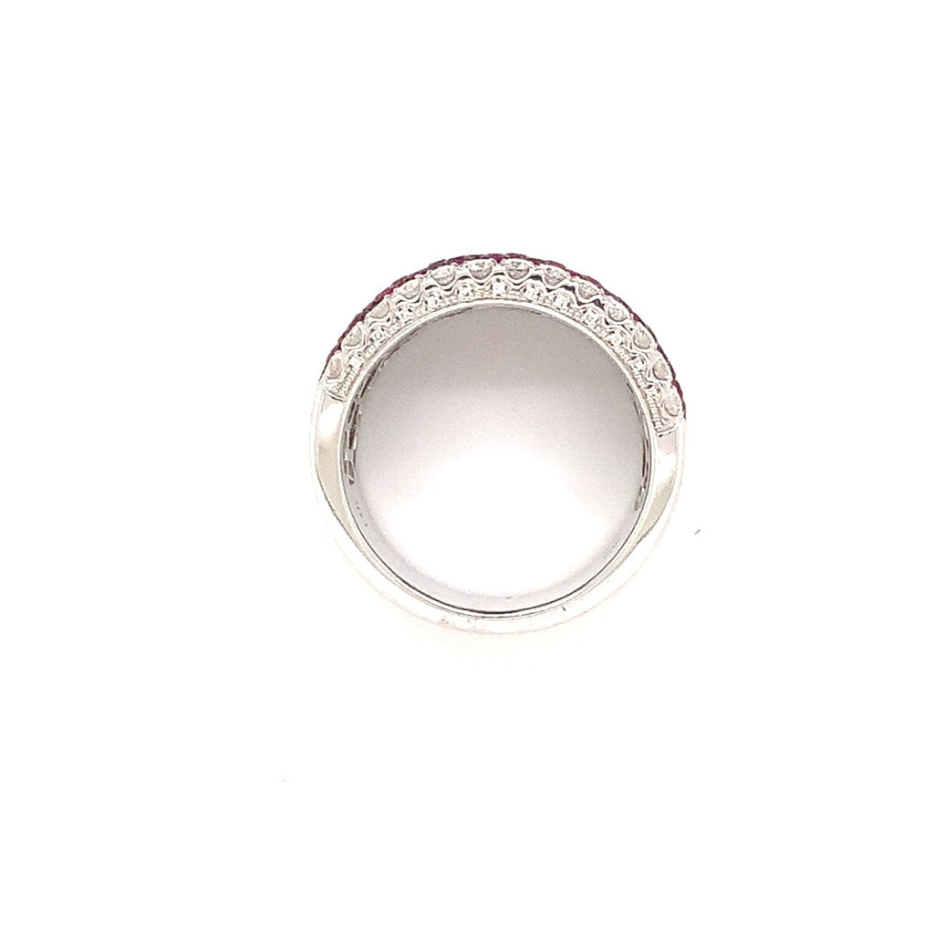 roman + jules pavé ruby and diamond five row cigar band set in 14k white gold with black rhodium detailing.