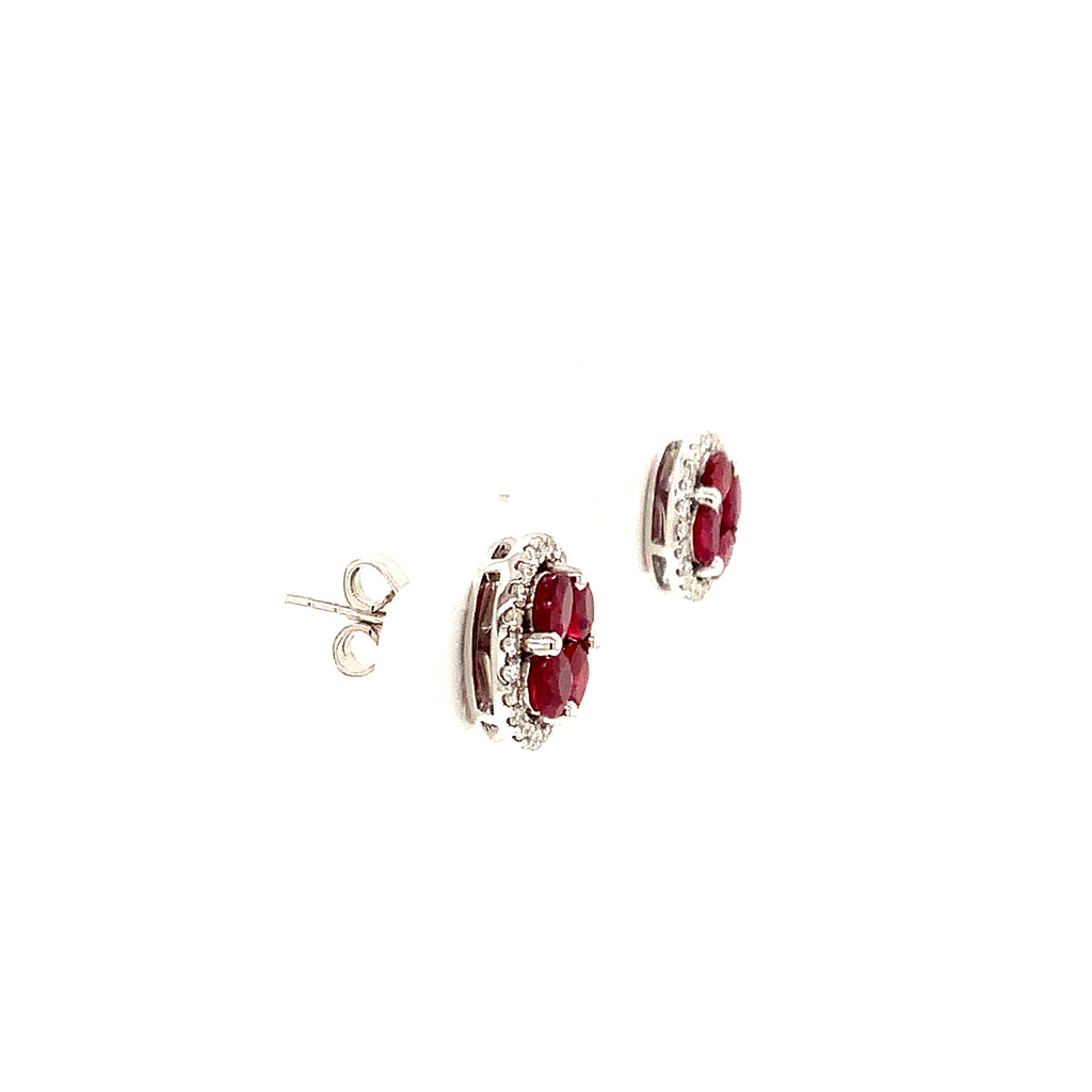 oval burmese ruby and diamond cluster pierced earrings 18k white gold