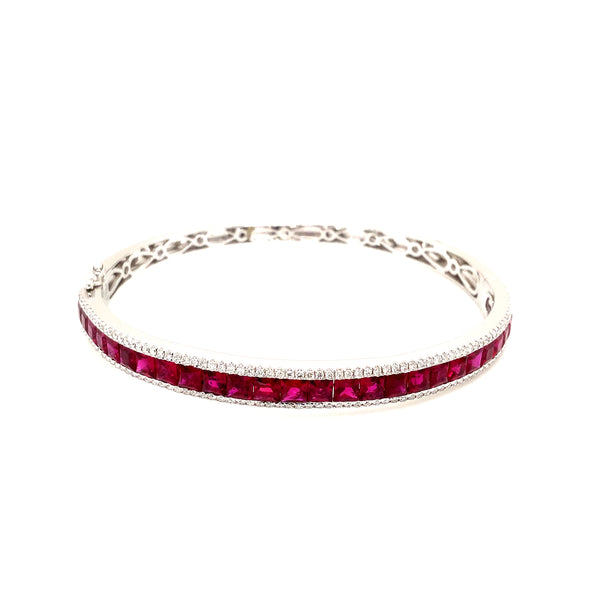 fine burmese princess cut ruby and diamond bangle bracelet in 18 kt white gold.
